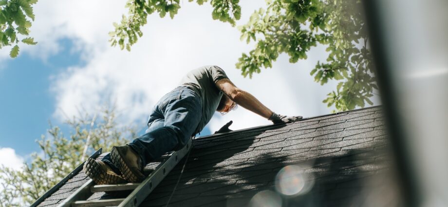 A homeowner on a ladder leaned up against their home's roofing. It's a beautiful sunny day and the leaves are green.