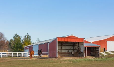 An outdoor property with a red and white pole barn surrounded by fencing with horses grazing inside of it.