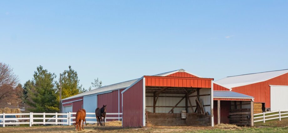 An outdoor property with a red and white pole barn surrounded by fencing with horses grazing inside of it.
